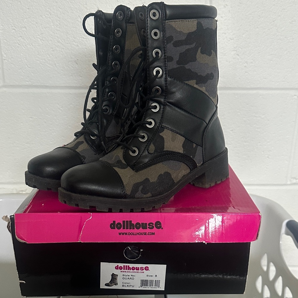 Dollhouse Black and Olive Camo Lace-Up Combat Boots